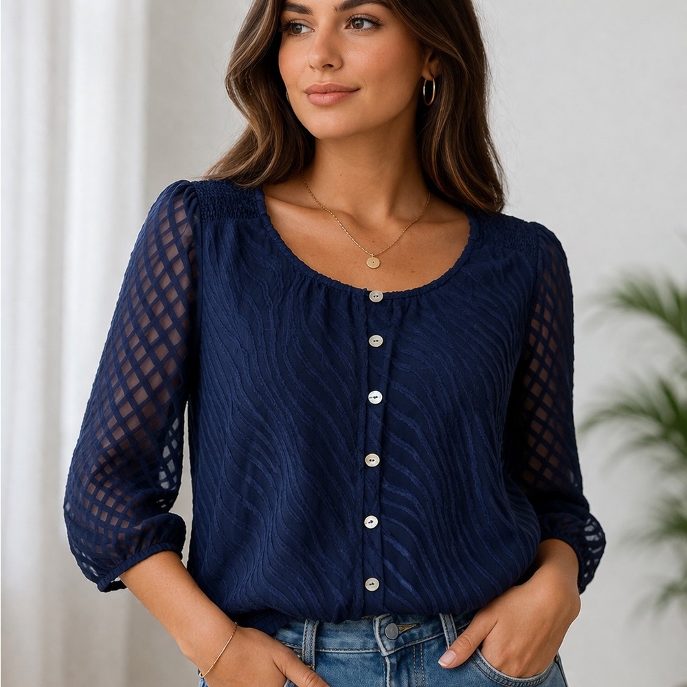 The Limited Navy Button-Front Sheer Sleeve Blouse
